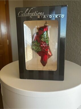 Christopher Radko Red Cardinal Glass Ornament with Green and Gold Accents